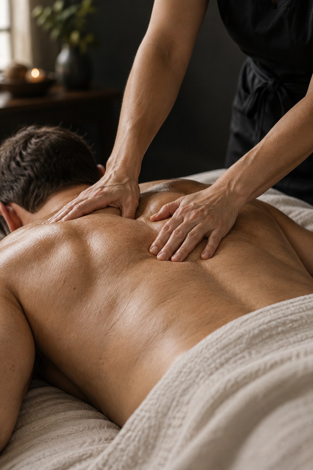 Close-up illustration of a therapist’s hands massaging a client’s upper back